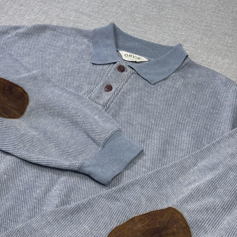 Orvis Knit Pullover Sweater Mens 2XL Blue Collared Button Elbow Patches